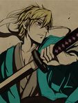  bad_id bad_pixiv_id blonde_hair caesar_anthonio_zeppeli dorasan007 facial_mark haori headband japanese_clothes jojo_no_kimyou_na_bouken katana kimono male_focus partially_colored shinsengumi solo sword weapon 