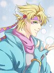  blonde_hair blue_jacket bubble caesar_anthonio_zeppeli facial_mark feathers fingerless_gloves gloves green_eyes hair_feathers headband jacket jojo_no_kimyou_na_bouken male_focus nisikiryouma scarf solo 