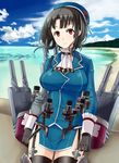  black_hair black_legwear breasts cloud day gloves hai_ookami hat highres kantai_collection large_breasts light_smile looking_at_viewer md5_mismatch red_eyes short_hair sky solo takao_(kantai_collection) thighhighs 