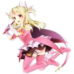  bad_id bad_pixiv_id blonde_hair boots elbow_gloves fate/kaleid_liner_prisma_illya fate_(series) feathers gloves hair_feathers holding holding_wand illyasviel_von_einzbern jakusan06 kaleidostick long_hair magical_girl pink_footwear prisma_illya red_eyes solo thigh_boots thigh_strap thighhighs two_side_up wand white_hair 