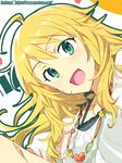  ahoge blonde_hair close-up face green_eyes hoshii_miki idolmaster idolmaster_(classic) jewelry long_hair necklace open_mouth redrop smile solo watermark web_address 