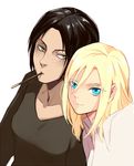  blonde_hair blue_eyes christa_renz colored_eyelashes food freckles hair_between_eyes mouth_hold multiple_girls pocky shingeki_no_kyojin short_hair silvis white_background yellow_eyes ymir_(shingeki_no_kyojin) 