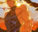  bad_id bad_pixiv_id bare_shoulders birthmark blonde_hair cloud cloudy_sky dio_brando emg_(christain) fangs jojo_no_kimyou_na_bouken looking_at_viewer looking_down male_focus muscle outstretched_hand red_eyes red_sky skin_tight sky sleeveless sleeveless_turtleneck solo star sun turtleneck 