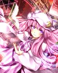  book crescent dress hat kazetto long_hair looking_at_viewer magic_circle patchouli_knowledge purple_eyes purple_hair smile solo striped striped_dress touhou 