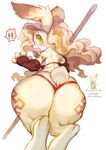  amazon_(dragon's_crown) aoneko armor ass back bikini_armor blonde_hair blush bunny circlet dragon's_crown elbow_gloves fingerless_gloves furry gloves long_hair looking_back odin_sphere open_mouth polearm pooka_(odin_sphere) simple_background solo surprised tears transformation weapon white_background yellow_eyes 