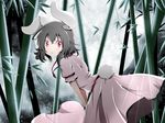  animal_ears bamboo black_hair bunny_ears bunny_tail bwell carrot dress full_moon inaba_tewi jewelry moon pendant red_eyes short_hair solo tail touhou 