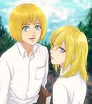  1girl armin_arlert bad_id bad_pixiv_id blonde_hair blue_eyes bob_cut book christa_renz looking_at_viewer parted_lips shingeki_no_kyojin short_hair smile sukapi1113 