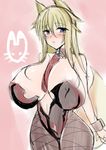  1girl animal_ears areola_slip areolae ashling_(artist) ashling_(no-plan) between_breasts blonde_hair blue_eyes breasts curvy female fox_ears fox_tail huge_breasts long_hair original pantyhose simple_background sketch solo standing tail wide_hips 