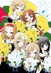  6+girls black_hair blonde_hair bouquet brown_hair flower hasekura_rei jitome maria-sama_ga_miteru multiple_girls nijou_noriko no_nose one_eye_closed red_flower red_rose rose satou_sei school_uniform serafuku shimazu_yoshino short_hair torii_eriko toudou_shimako white_flower white_rose yellow_flower yellow_rose 