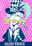  bad_id bad_pixiv_id caesar_anthonio_zeppeli facial_mark feathers hat hat_ribbon jojo_no_kimyou_na_bouken lipstick makeup male_focus mouth_hold necktie ribbon saitooo solo top_hat wrench 