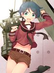  :d belt black_legwear green_eyes kantai_collection komone_ushio midriff mogami_(kantai_collection) navel no_shoes open_mouth remodel_(kantai_collection) sailor_collar shirt_lift short_hair shorts smile solo wind wind_lift 