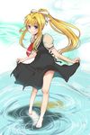  air barefoot blonde_hair blue_eyes dress hair_ribbon haru_(05-20) kamio_misuzu long_hair ponytail ribbon school_uniform skirt_hold solo very_long_hair water 