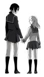  christa_renz closed_eyes cosplay full_body ga-rei ga-rei_zero highres holding_hands isayama_yomi isayama_yomi_(cosplay) monochrome multiple_girls school_uniform serafuku shingeki_no_kyojin short_hair silvis smile standing tsuchimiya_kagura tsuchimiya_kagura_(cosplay) white_background ymir_(shingeki_no_kyojin) 