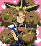  ^_^ chain closed_eyes collarbone duel_monster heart jacket kojima kuriboh multicolored_hair mutou_yuugi purple_eyes pushing pushing_away spiked_hair wince yami_yuugi yuu-gi-ou yuu-gi-ou_duel_monsters 