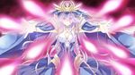  beam blonde_hair blue_dress braid breasts cape cleavage date_a_live dress energy_beam energy_blast game_cg hat headpiece long_hair looking_at_viewer medium_breasts outstretched_arms purple_hair red_eyes solo sonogami_rinne spread_fingers tiara tsunako twin_braids veil 