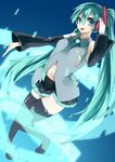  blue_eyes boots detached_sleeves digital_dissolve green_hair hatsune_miku headset highres kyouya_(mukuro238) long_hair navel necktie open_mouth outstretched_arm skirt solo thigh_boots thighhighs twintails very_long_hair vocaloid 