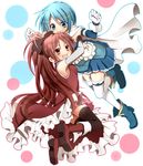  bad_id bad_pixiv_id black_legwear blue_eyes blue_hair blush boots cape fang gloves hair_ornament hair_ribbon hairclip highres hug mahou_shoujo_madoka_magica miki_sayaka multiple_girls open_mouth ponytail red_eyes red_hair ribbon sakura_kyouko skirt smile thighhighs white_legwear yuragiyura 