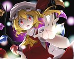  blonde_hair bwell fang fingernails flandre_scarlet hands hat mob_cap open_mouth red_eyes short_hair side_ponytail solo touhou wings 