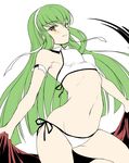  arched_back bikini blush breasts c.c. code_geass green_hair long_hair looking_at_viewer medium_breasts navel side-tie_bikini simple_background smile solo swimsuit takeuchi_aya very_long_hair white_background white_bikini yellow_eyes 