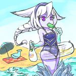  anivia bag beach beach_towel beach_umbrella braid chibi day food hairband ice innertube league_of_legends lissandra long_hair ocean one-piece_swimsuit popsicle purple_eyes purple_skin shopping_bag single_braid solo swimsuit towel trombe umbrella white_hair 