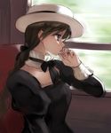  braid brown_hair copyright_request hat highres indoors jewelry long_hair long_sleeves looking_out_window looking_outside profile ring solo takeuchi_aya 