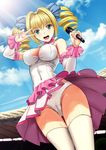  absurdres blonde_hair breasts cameltoe character_request cleavage cloud covered_nipples day detached_sleeves drill_hair green_eyes highres medium_breasts microphone original panties sky solo soyokaze stadium thigh_gap thighhighs twin_drills twintails underwear upskirt v white_legwear white_panties wind wind_lift 