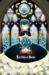  absurdres angel bad_id bad_pixiv_id black_dress blue_eyes blue_hair bow capelet church closed_eyes diela dress floral_print frills highres indoors layered_dress long_dress original own_hands_together short_hair_with_long_locks solo stained_glass standing v_arms window 