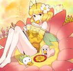  antennae barefoot blonde_hair book cup flower food fruit hair_flower hair_ornament insect_wings legs minari mouth_hold orange original sheep short_hair solo sweater wings yellow_eyes 