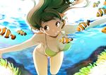  air_bubble bikini breasts breath brown_eyes brown_hair bubble bubble_blowing clownfish fish floating_hair freediving hakka_(88hk88) long_hair medium_breasts original solo swimming swimsuit underwater 