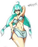  ahoge alternate_hairstyle aqua_hair arm_up armpits bare_shoulders bikini blue_eyes breasts bunching_hair cleavage curvy front-tie_bikini front-tie_top genderswap hair_tubes hand_on_hip highres korean league_of_legends long_hair low-tied_long_hair medium_breasts navel sarong shorts side_slit simple_background smile smirk solo swimsuit thighs traditional_media trombe twintails white_background wide_hips xerath 