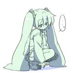  1girl green hatsune_miku long_hair monochrome oka_(bananashoe) simple_background sketch solo squatting twintails very_long_hair vocaloid white_background 