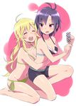  :o ^_^ ahoge antenna_hair bad_id bad_pixiv_id bikini bikini_shorts blonde_hair blush breasts closed_eyes food hoshii_miki hug hug_from_behind idolmaster idolmaster_(classic) kikuchi_makoto long_hair medium_breasts multiple_girls navel one_knee open_mouth popsicle purple_eyes purple_hair short_hair shorts side-tie_bikini sitting sonsoso sweatdrop swimsuit wariza 