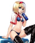  alice_margatroid alternate_costume bad_id bad_pixiv_id bikini blonde_hair boots borrowed_design breasts capelet cross-laced_footwear drinking_straw green_eyes hairband lace-up_boots navel race_queen short_hair small_breasts solo swimsuit takemori_shintarou thigh_boots thighhighs touhou 