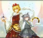  animal_ears animal_print arm_behind_back bishamonten's_pagoda black_hair blonde_hair bloomers blush capelet closed_eyes grey_hair hair_ornament holding_hands jewelry kemonomimi_mode long_sleeves mikikoto_hitsuji mouse_ears mouse_tail multicolored_hair multiple_girls nazrin one_eye_closed pendant red_eyes short_hair skirt smile tail tiger_ears tiger_print tiger_tail toramaru_shou touhou two-tone_hair underwear 