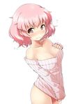  bare_shoulders blush bottomless breasts cleavage collarbone embarrassed flying_sweatdrops highres large_breasts looking_at_viewer naked_sweater no_pants off-shoulder_sweater original pink_eyes pink_hair ribbed_sweater short_hair simple_background solo sweater tareme tears wavy_mouth white_background yoshike~to 