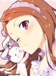  blush brown_hair choker close-up closed_mouth face hairband idolmaster idolmaster_(classic) long_hair minase_iori red_eyes redrop smile solo stuffed_animal stuffed_bunny stuffed_toy watermark web_address 