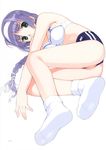  absurdres ass between_labia bra braid breasts buruma feet green_eyes hairband highres legs lying medium_breasts mibu_natsuki on_side original purple_hair scan single_braid socks solo underwear white_bra white_legwear 