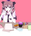  bow brown_hair brush cellphone cup hair_bow hat himekaidou_hatate long_hair necktie notepad pen phone photo_(object) pointy_ears purple_eyes scissors shirt short_sleeves solo tadano_kagekichi tokin_hat touhou twintails 