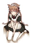  :/ animal_ears bandaid bandaid_on_face blue_eyes blush braid brown_hair copyright_request frown hair_ribbon highres jitome long_hair looking_at_viewer maid maid_headdress ribbon simple_background sitting solo takeuchi_aya thighhighs twin_braids v_arms wariza white_background white_legwear zettai_ryouiki 