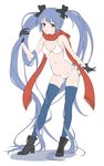  absurdly_long_hair absurdres bikini blue_hair blue_legwear boots flat_color full_body highres long_hair original red_eyes red_scarf scarf simple_background smile solo swimsuit takeuchi_aya thighhighs twintails very_long_hair white_background white_bikini 