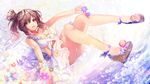  bikini breasts brown_eyes brown_hair cevio cleavage flower hair_bun legs long_hair medium_breasts momoshiki_tsubaki platform_footwear sandals satou_sasara side_ponytail skirt solo swimsuit water 