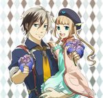  1girl bad_id bad_pixiv_id beret black_hair black_hat blue_eyes brown_hair elle_mel_martha flower green_shirt hat kirisaki-9610 ludger_will_kresnik multicolored_hair necktie shirt tales_of_(series) tales_of_xillia tales_of_xillia_2 two-tone_hair white_hair 