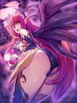  ass breasts demon_girl elbow_gloves fang fingernails fujirin gloves hair_ornament highres horns large_breasts long_hair looking_back nail_polish open_mouth original pointy_ears red_eyes red_hair smile solo thighhighs wings 