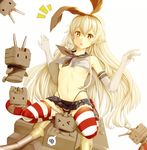  1girl :o absurdres black_panties blonde_hair breasts commentary_request crop_top crop_top_overhang elbow_gloves gloves hair_ornament hair_ribbon hairband hews_hack highres kantai_collection lifebuoy long_hair midriff navel open_mouth panties rensouhou-chan ribbon shimakaze_(kantai_collection) shiny shiny_skin simple_background sitting skindentation skirt small_breasts solo spoken_squiggle squiggle striped striped_legwear thighhighs underboob underwear very_long_hair wariza white_gloves yellow_eyes 