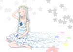  ano_hi_mita_hana_no_namae_wo_bokutachi_wa_mada_shiranai. barefoot closed_eyes dress flower frills grin hand_behind_head head_wreath honma_meiko kazufumi_(kaz-newt) leaf long_hair silver_hair sitting smile solo wariza white_dress 