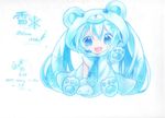  animal_hood blue_eyes character_name colored_pencil_(medium) dated gloves happy_birthday hatsune_miku headset hjhhzb hood long_hair necktie open_mouth paw_gloves paw_shoes paws shoes sitting snowflakes solo traditional_media twintails very_long_hair vocaloid yuki_miku 