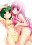  bikini front-tie_top green_eyes green_hair hirose_maki leg_between_thighs long_hair lying miyama_yukimi multiple_girls navel on_stomach one pink_hair purple_eyes short_hair side-tie_bikini swimsuit zen 