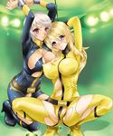  2girls arms_behind_head arms_up belt blonde_hair blush bodysuit breasts chains cleavage covered_nipples cuffs erect_nipples grey_hair hasei_agana huge_breasts kneeling long_hair looking_at_viewer mori_yuki multiple_girls purple_eyes red_eyes shackles shiny shiny_clothes short_hair skin_tight spread_legs squatting torn_clothes uchuu_senkan_yamato uchuu_senkan_yamato_2199 uniform yamamoto_akira 