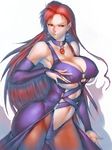  breasts bridal_gauntlets center_opening choker cleavage covered_nipples crescent_moon earrings fumio_(rsqkr) gem huge_breasts jewelry lips long_hair moon navel pantyhose pointy_ears red_eyes red_hair ring saphine_grace simple_background smile solo super_robot_wars super_robot_wars_the_lord_of_elemental underboob 