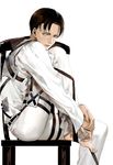  ascot bandages barefoot black_hair brown_hair chair grey_eyes levi_(shingeki_no_kyojin) male_focus par. realistic shingeki_no_kyojin sitting solo three-dimensional_maneuver_gear 